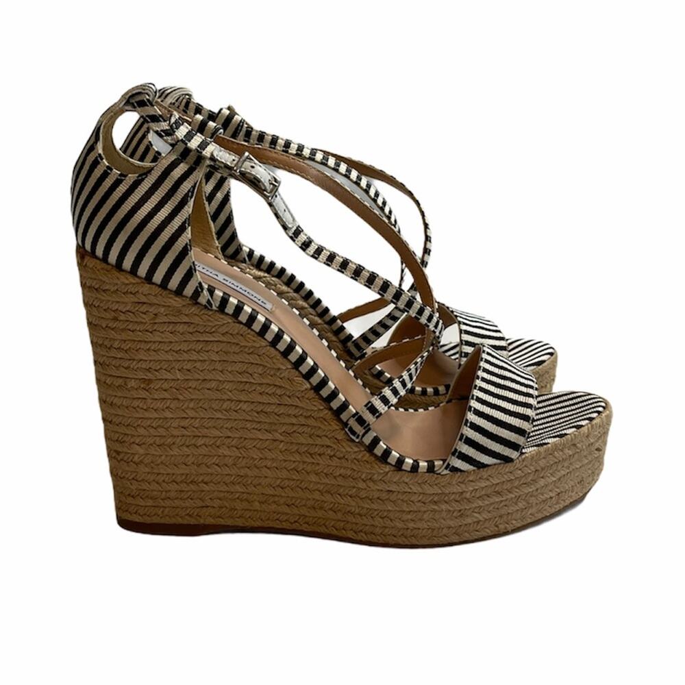 Tabitha Simmons Jenny Striped Espadrille Wedges Size 10 Black & White